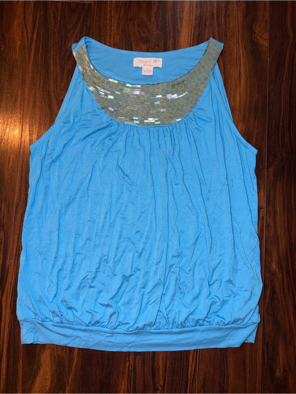 August Silk Options Blue Sequin Neck Sleeveless Blouson Top XL Stretch Tank